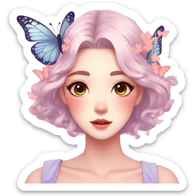 Gorgeous pastel anime style lady with blushing face and butterflies aesthetic trending style sticker