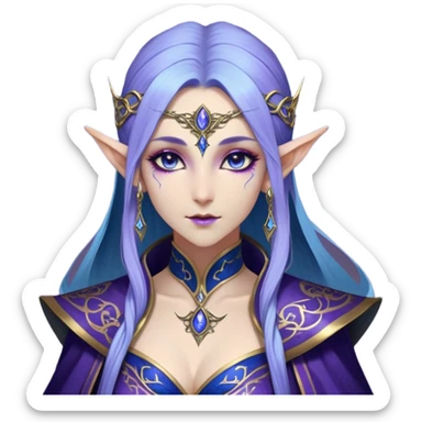 Cinematic Realistic WoW Elf Mage Portrait, depicted with ethereal, otherworldly beauty and refined arcane mastery. Clad in an intricately detailed robe in consistent deep blues and purples accented with shimmering gold filigree, her luminous, porcelain-like skin and delicate features evoke timeless elegance. Her piercing, mystical eyes radiate ancient wisdom, rendered with lifelike texture and subtle, magical lighting, high shine, noble and majestic, capturing the essence of a legendary elven sorceress. sticker