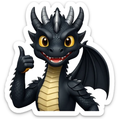 fully black dragon with white background and holding a talon up as a thumbs up…. Smiling at the screen close up. sticker