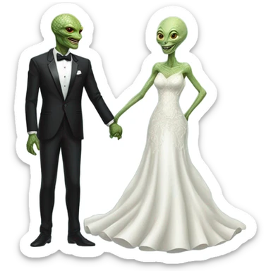 Alien reprilian woman in wedding dress and one humman man in a tuxedo holding hands getting married sticker