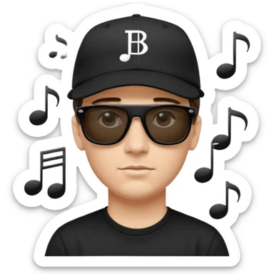 Emoji of a white man with short dark brown hair under a black baseball cap, wearing a black t‑shirt and 1980s‑style black Ray‑Ban rectangle sunglasses black lenses, with black musical notes floating around his head,  sticker