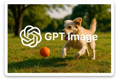 logo of chat gpt with text "GPT Image" on the background of a dog chasing ball, realistic image sticker