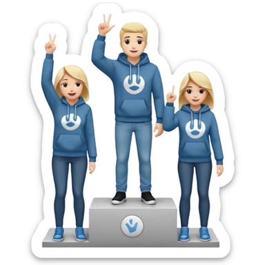 three people in jeans and hoodies on a winners podium, black and white, center step higher, no numbers, center person holding up one finger on each hand, cheerful expressive emoji style sticker