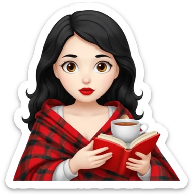 Long wavy Black haired, white skinned, dark big eyed girl with red lipstick wrapped in a blanket, sipping tea and reading a book sticker