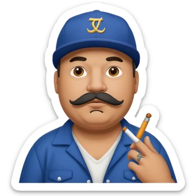 a fat dad in a hip hop cap with a tattoo, a cigarette in his mouth, and a mustache. sticker