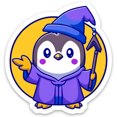 a cute penguin wearing a purple wizard robe and blue wizard hat, casting a spell sticker