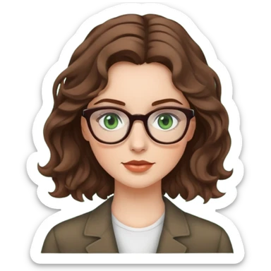 White girl with medium length brown wavy hair, glasses, and green eyes sticker