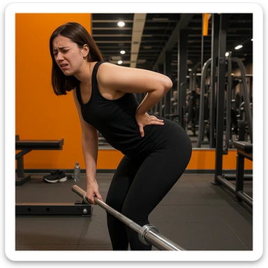 Edit the image of a less muscular woman performing a Romanian Deadlift (RDL) in a gym, side pose, wearing black sportswear, holding a barbell, with a back pain expression, one hand on the lower back, hyperrealistic 4K details, realistic gym environment. Variant 3: slightly change the position of the arms. sticker