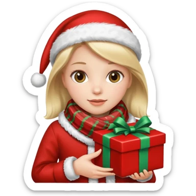 a girl wearing a chirstmas jacket and scarf and holding a christmas gift sticker