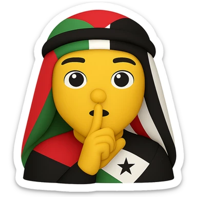 Make the Palestinian flag colors and symbols more prominent in the scarf pattern and design, keeping the person making the 'shh' gesture as the focus. Remove the background to isolate the subject. The style should maintain the original look and feel of the image. sticker