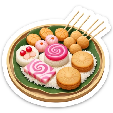A combination of fish cake with pink swirl (narutomaki), rice cracker (senbei), and dango on a stick arranged together as a Japanese food plate sticker