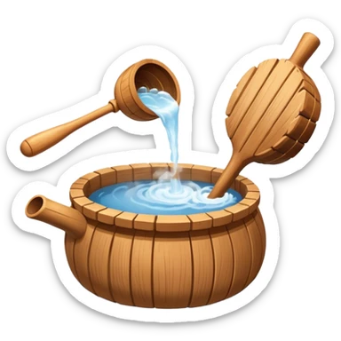 Ladle pouring water onto sauna rocks with steam sticker