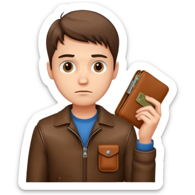 A young guy looks sadly at his empty wallet. sticker