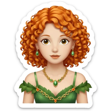orange curly hair beautiful princess full body in leafy green dress elegant sticker