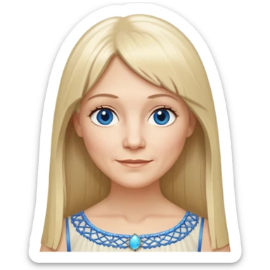50 yr old white woman, hippie parted very long hair, short bangs, very long straight blond hair, oval face, small smile, blue eyes, thin face, hair downback, hair parted at center of head, round cheeks, pale, longer hair, white evening dress sticker