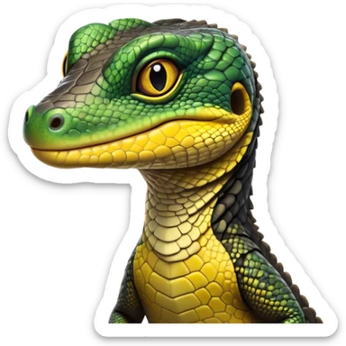 cinematic-realistic-cute-monitor-lizard-portrait-emoji,-head-tilted-playfully-and-inquisitively,-featuring-a-compact,-agile-body-with-finely-detailed,-glossy-scales-in-earthy-black and yellow-hues-and-a-distinct,-alert-face-with-bright,-curious-eyes, black , yellow spotted and green band  scales sticker