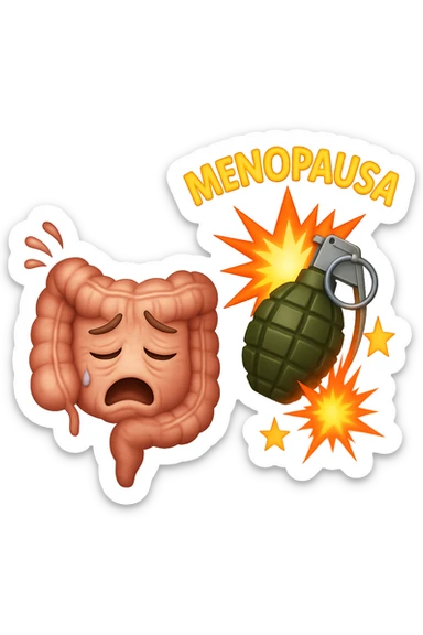 EMOJI STILE IPHONE DI INTESTINO ANZIANO CON RUGHE SFINITO, ACCANTO A LUI SCOPPIA UNA GRANATA 3D CON LA SCRITTA "MENOPAUSA" SOPRA sticker