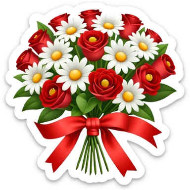 one red flower and one white flower in bouquet with red band sticker