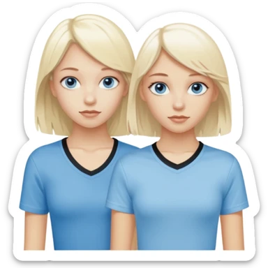 2 caucasian girls, one bleach blonde, then other a slightly darker shades of blonde. both grayish blue eyes. lighter blonde has a skater-y2k aesthetic and the dark blonde has a y2k-coquette aesthetic sticker