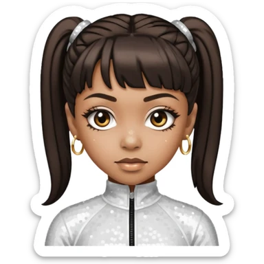 Left Eye from TLC with dark brown ponytail hair, white sequin outfit sticker