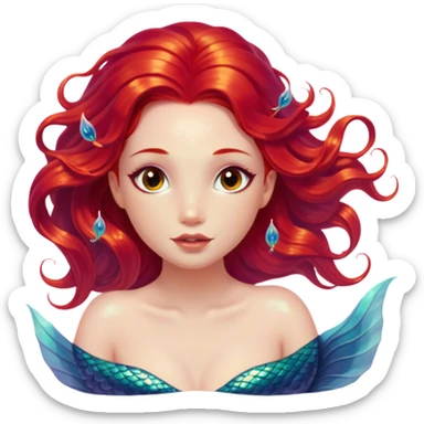 Cinematic Realistic Red Hair Mermaid Portrait, depicted with lifelike porcelain white skin that glows with an ethereal radiance, enhanced by soft underwater lighting. Her intricately detailed, flowing red hair cascades like liquid fire, framing deep, soulful eyes that mirror the mysteries of the deep sea. Accented by shimmering, iridescent scales and delicate aquatic embellishments, the portrait features an enchanting underwater glow that marries realism with mythic ocean elegance. sticker
