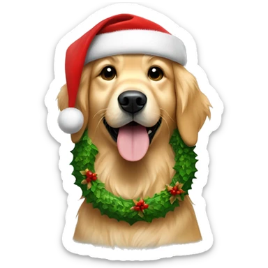 Golden retriever wearing a Christmas wreath around neck and Santa hat sticker