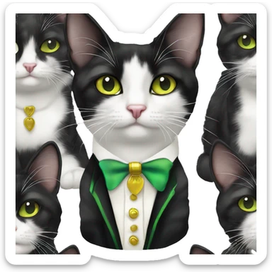 Cute black and white harlequin patterned tuxedo cat with yellow green eyes sticker