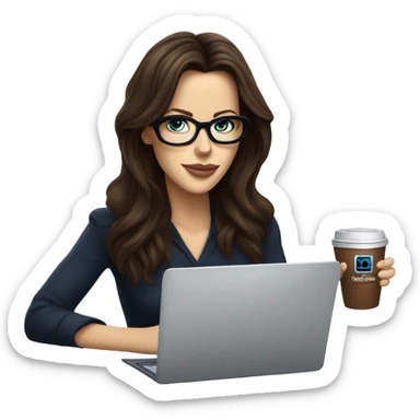 Hyper Realistic Kate Beckinsale dark blue eyes wearing glasses drinking coffee at a laptop  sticker