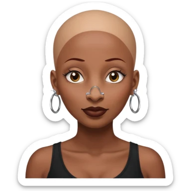 Grown black (proud) woman, bald with a perfect head, a prominent nose with a septum piercing, many piercings on her ears, a gap between her front teeth and very long nails sticker