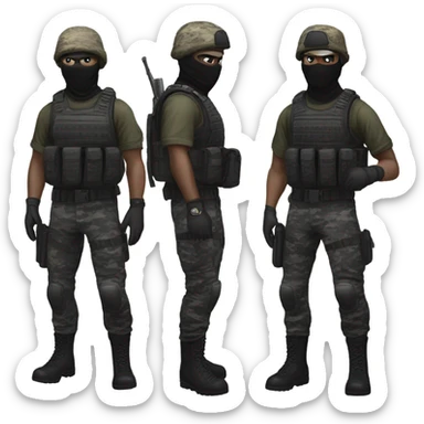 White male, call of duty black mask, tactical gear, camo pants, combat boots, black beanie, blue eyes sticker