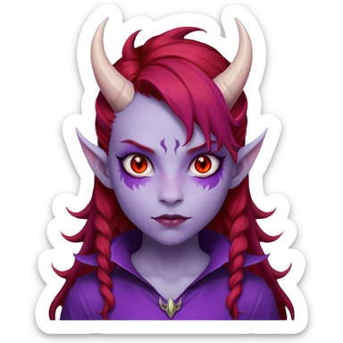 Demon Girl Purple Skin Dragon Horns Black Eyes Red Glowing Pupils Auburn Haired Red Shirt  sticker