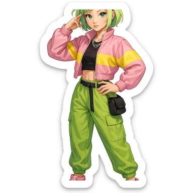 Fluttershy reimagined as a human K-pop idol with short pastel green hair, streetwear-inspired trendy outfit, confident pose, transparent background sticker