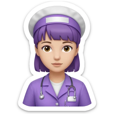 A young female slim nurse with short Brown hair with fringe over her forehead, wearing larvendar purple working cloth only no cap on her hair sticker