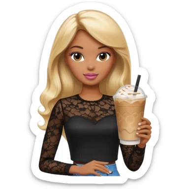 brown skin blonde barbie wearing black lace shirt with iced latte sticker