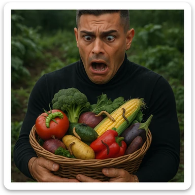 Create a realistic or semi-realistic style image of a 30-year-old man inspired by the reference image, holding a basket of vegetables and fruits. The man has a shocked expression. The produce has clear worms and insects crawling on it. The background is a garden. Focus on textures and a health risk atmosphere. sticker