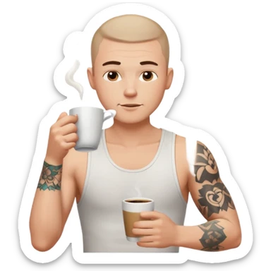 a white short guy wearing a white tank top with a buzz cut drinking a cup of coffee, hes got tattoos on his arms sticker