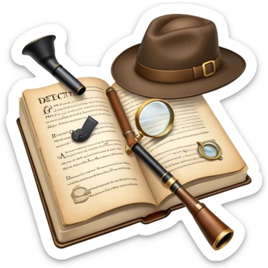 Icon for Detective Reading: an open book with text and a magnifying glass on the pages, a classic detective hat and a pipe, surrounded by clues like footprints, a revolver and a notepad. The icon should represent the mystery and intrigue of detective stories. Transparent background. sticker