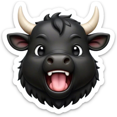 Cinematic Cute Yawning Black Bull Portrait Emoji, Head tilted slightly with a dramatic, wide-open yawn, showcasing a smooth, pure black hide with a subtle texture, floppy ears slightly drooping, round dark eyes barely open in drowsy contentment, Simplified yet irresistibly adorable features, highly detailed, glowing with a soft, cozy glow, high shine, relaxed yet expressive, stylized with a touch of rugged whimsy, bright and endearing, soft glowing outline, capturing the essence of a sleepy yet affectionate guardian, so drowsy it feels like it could charge right out of the screen and curl up for a nap! sticker