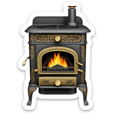 An antique cast iron coal stove from the 1900s with ornate details, small fire visible inside, black metal with brass accents sticker