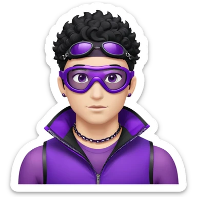 male athlete with white skin and moderately curly black hair on top with shaved sides, wearing ski goggles with purple frames and very dark black lenses, a simple plain black chain necklace, and an open shiny purple vest showing his chest and abs, no earrings sticker