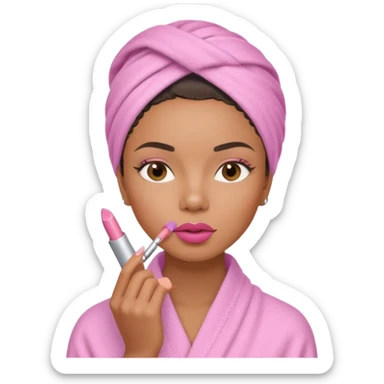 Mixed-race woman with caramel skin, wearing a pastel pink spa wrap, applying lipstick  sticker