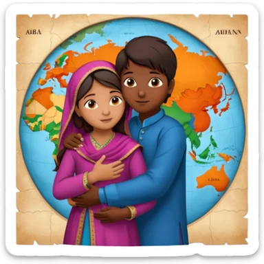 An Afghan girl and Indian boy who are in long distance relationship hug each other from distance.  Afghan girl from on Afghanistan map and boy on India map, they hug each other from this distance. sticker