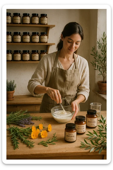 A realistic, high-quality photo of a small artisan skincare laboratory in Italy, with wooden shelves displaying beautifully packaged glass jars of natural creams made with herbal and botanical extracts, olive oil, and essential oils, clearly labeled ‘100% Natural’ and ‘Artisan Made in Italy’. The scene includes a bright, sunlit rustic workspace with plants, fresh lavender, rosemary, calendula flowers, and olive branches on the wooden counter, symbolizing purity and nature. A female artisan in a linen apron is carefully mixing creams in a glass bowl, smiling softly. The environment feels warm, authentic, and eco-friendly, emphasizing the concept of handcrafted skincare without synthetic chemicals in italiano sticker