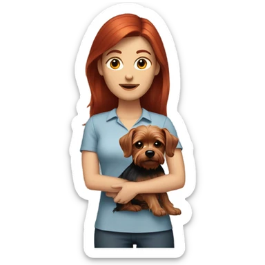 white woman with the dark red hair holding a yorkie sticker