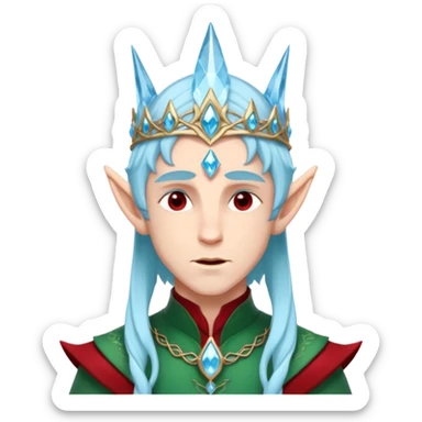 Fantasy elf portrait emoji, icy blue crystal crown with deep red accents, elegant elven features, cold noble winter expression, ice and crimson color palette, minimal clean design, flat readable emoji style, male variant sticker