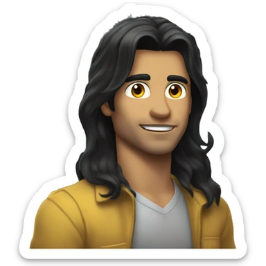 handsome man with long black hair combed back, leaning back against the school bus, white-skinned American sticker