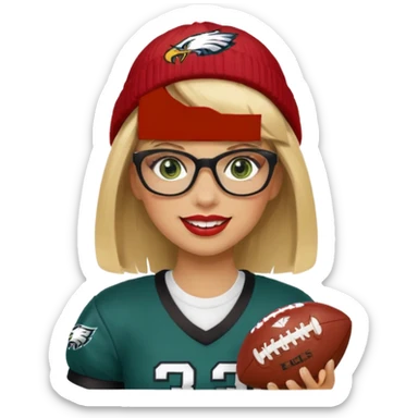 full length women wearing eagles uniform, long blonde hair, styled bangs, green eyes, black glasses, holding football, number 33, smiling, lipstick, eagles beanie sticker