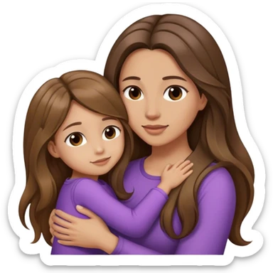 Mom with long balayage beautiful hair and daughter Children with long brown hair hugging sticker