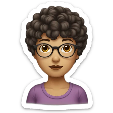 girl with short curly dark brown hair and bangs and she has thin glasses sticker