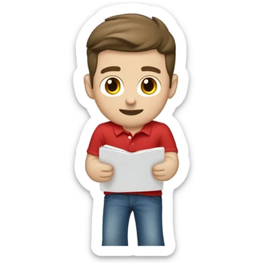 attractive young brunette man wearing red polo overtop a white shirt and really baggy jeans looking at records, pale skinned sticker